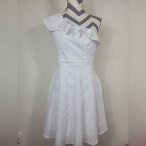 Mi Ami Sz S One Shoulder Mini Ruffle Dress White Beach Cruise W/ Pockets